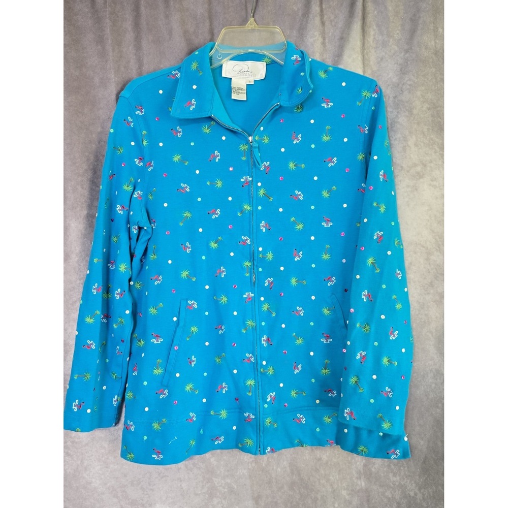 Diane Gilman Essentials Blue Zip Jacket Small Flamingo Palm Tree Sequin Cotton